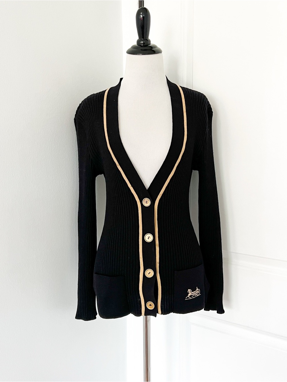 Vintage Celine Wool Black Ribbed Cardigan with Beige Trim - Size 44 IT